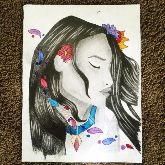 Items Similar To Pocahontas Pencil Drawing With Watercolor
