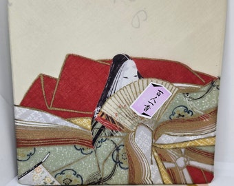 Japanese Motif Linen Handkerchief Geisha Girl Hankie With Gold Accents 15" X 15"