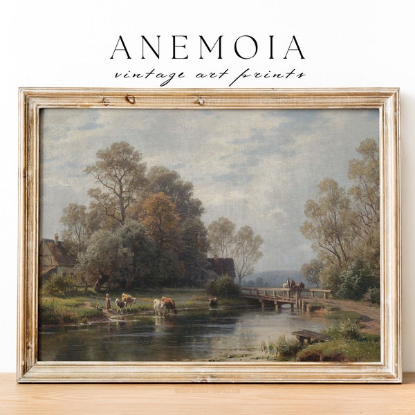 Summer River Landscape Near Farmhouse | Vintage Art Download | Moody European Art | Antique Oil Painting Printable | #121