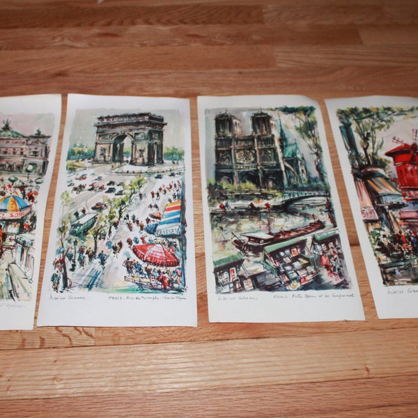 Vintage Signed Set of 4 French Watercolor Painting Prints by Marius Girard