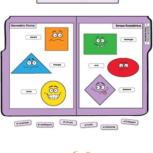Op de afbeelding: Een mapspel om Spaans te leren met geometrische vormen. De map heeft twee kanten, elk met vier vormen: een vierkant, een driehoek, een cirkel en een ruit aan de ene kant en een rechthoek, een ovaal en een ruit aan de andere kant. Elke vorm heeft een gezicht en het Spaanse woord voor de vorm staat eronder.