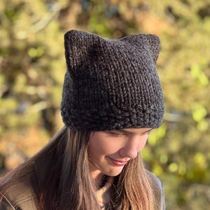 Knit Cat Hat, Hand Knitted Beanie Cat Ears, Winter Charcoal Black Hat, Unique Gift