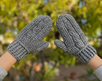 Hand Crocheted Dark Gray Cabled Mittens in Small Adult Size for Women, Girls, Boys, Teens Adults