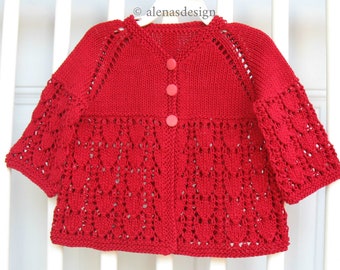 Baby Girl Cardigan, Knit Baby Sweater, Hand Knitted Cardigan, Baby Cotton Jacket, Red Lace Cardigan  6 -12 months