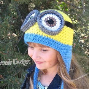 Crochet Minion Hat Toddler Child Teens Adults Boys Girls Children Ear Flaps Handmade Crocheted Winter Hat Blue Yellow Two Eyes One Eye