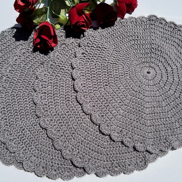 Hand Crocheted Placemat, Home Decor Table Setting, Set of 4, Set of 6, Scallop Edged Round Doily 15.5 inch in diameter