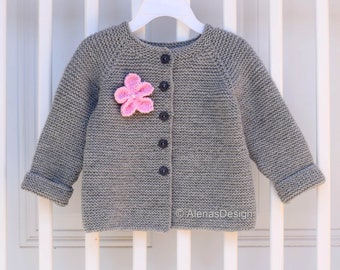 Baby Girl Cardigan with Pink Flower 12-24 month Modern Knitted Sweater Hand Knit Grey Jacket