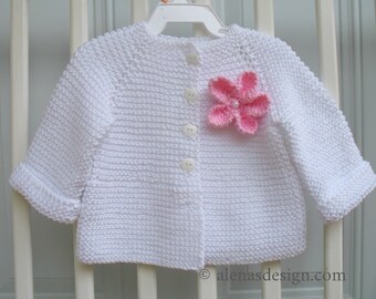 White Baby Cardigan with Pink Flower, 0-6 month Baby Knitted Sweater, Hand Knit Cotton Jacket, Newborn Sweater, Baby Girl, Baby Shower Gift