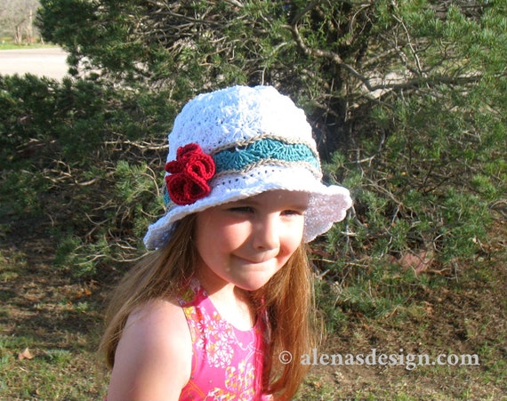 White Sun Hat With Red Flower Brimmed 