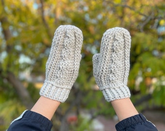 Hand Crocheted Children's Gray Cabled Mittens for Girls, Boys, approx. 8 - 12 years, Child Large Size Gloves