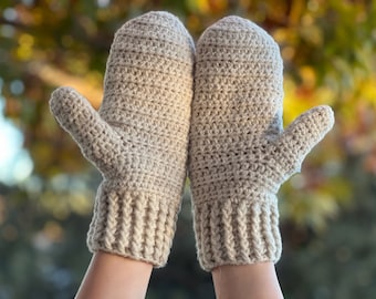 Hand Crocheted Light Gray Mittens in Medium Adult Size for Women Girls, Teen Adult, Winter Christmas Gift