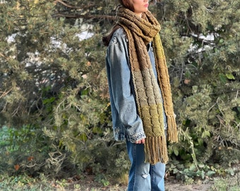 Hand Knitted Striped Long Scarf for Men Women Girls Teens Adults in Green Brown, Textured Reversible Fringe Scarf, Winter Outfit