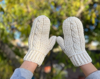 Hand Crocheted Cream Cabled Mittens in Medium Adult Size for Women, Girls, Boys, Teens Adults