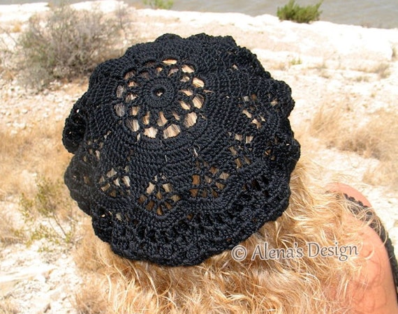 Crocheted Lace Beret, Black Slouchy Hat, Handmade Cotton Hat  display picture 2