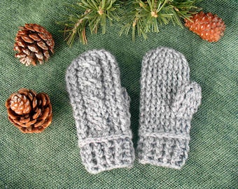 Hand Crocheted Children's Dark Grey Mittens for Girls, Boys, approx. 1 - 2 years, Child X-Small Size Gloves