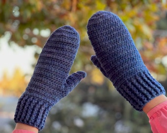 Hand Crocheted Blue Mittens in Large Adult Size for Men Women, Winter Christmas Gift