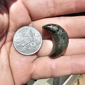 May include: A crescent moon shaped piece of green labradorite gemstone, approximately the size of a US quarter.
