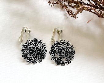 Clip on Earrings, No Piercing Earrings, Black Flower Earring, Clip on Dangle Earrings, Unpierced Earring, Fake Earrings,  Choose your Color