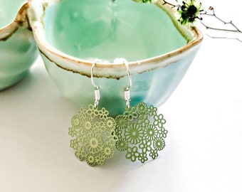 Green Flower Earrings, Small Green Earrings, Filigree Earrings, Lightweight Earrings, Lime Earrings, Green Boho Earrings, Fun Earrings Girl