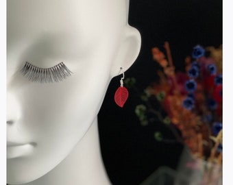 Red Earrings, Small Leaf Earrings, Light Hook Earrings,  Small Red Earrings, Lightweight Earrings, Statement Earrings, Red Drop Earrings