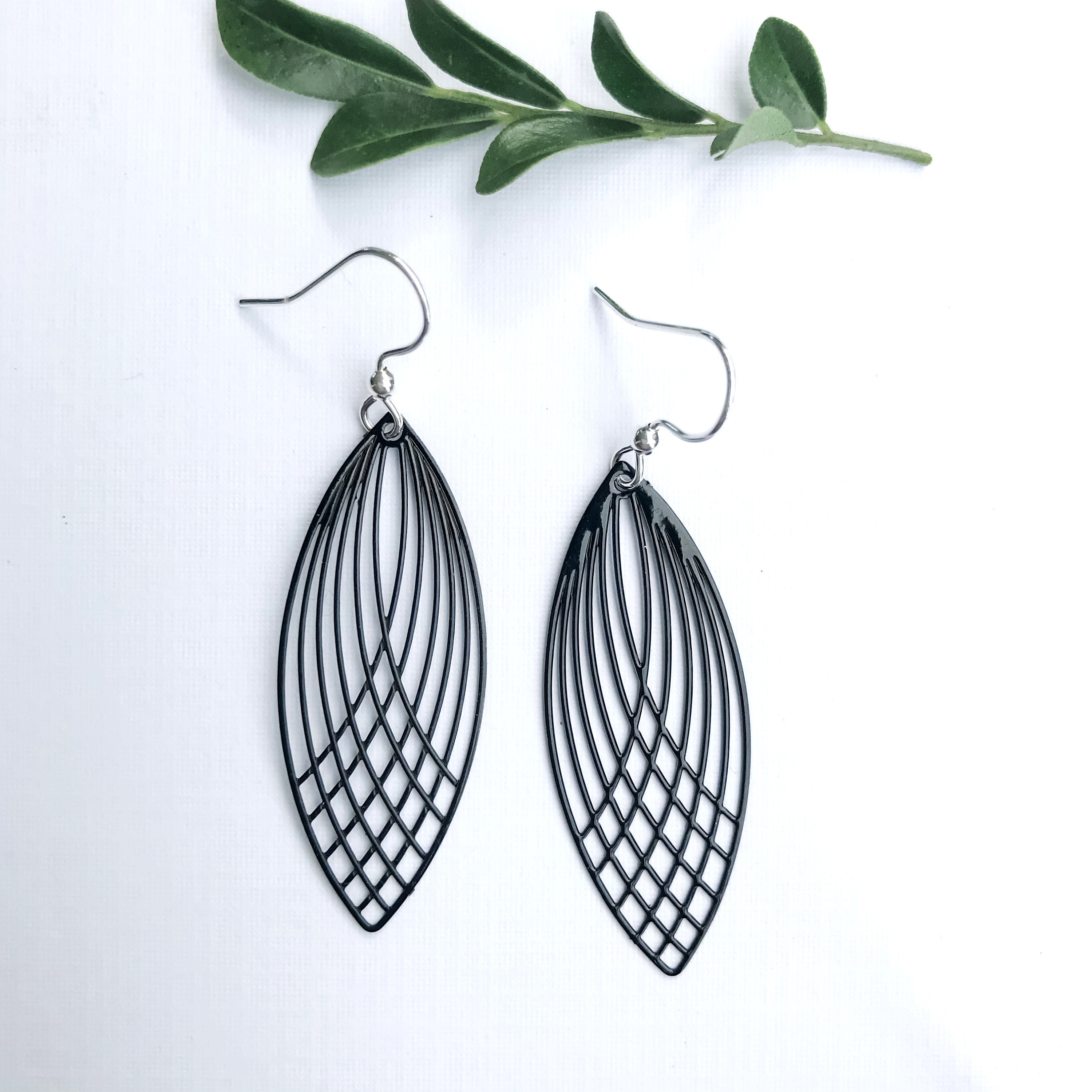 Black Leaf Earrings Long Black Earrings Bohemian Earrings Etsy