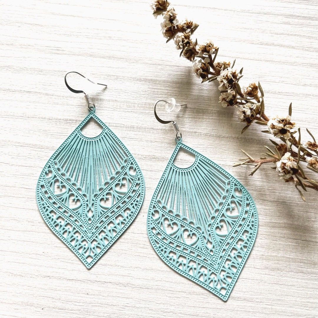 Blue Earrings Light Blue Earrings Teal Filigree Earrings - Etsy