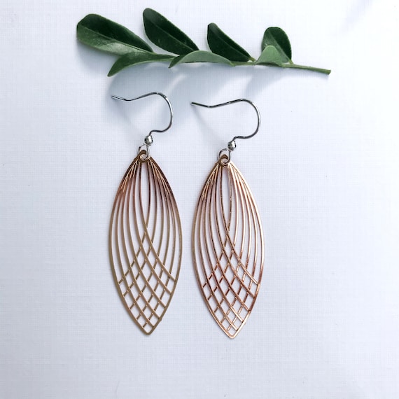 Rose Gold Earrings Long Earrings Leaf Earrings Simple Earrings