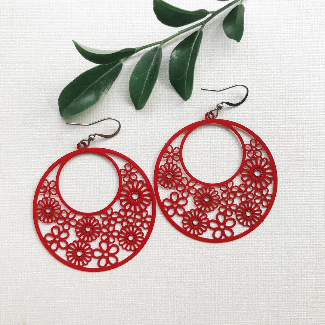 Big Red Earrings, Large Round Earrings, Boho Earrings, Red Statement Earrings, Hoop Style, Big