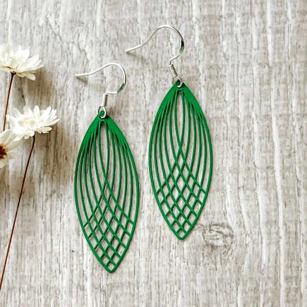 Dark Green Leaf Earrings • Simple Long Dangles