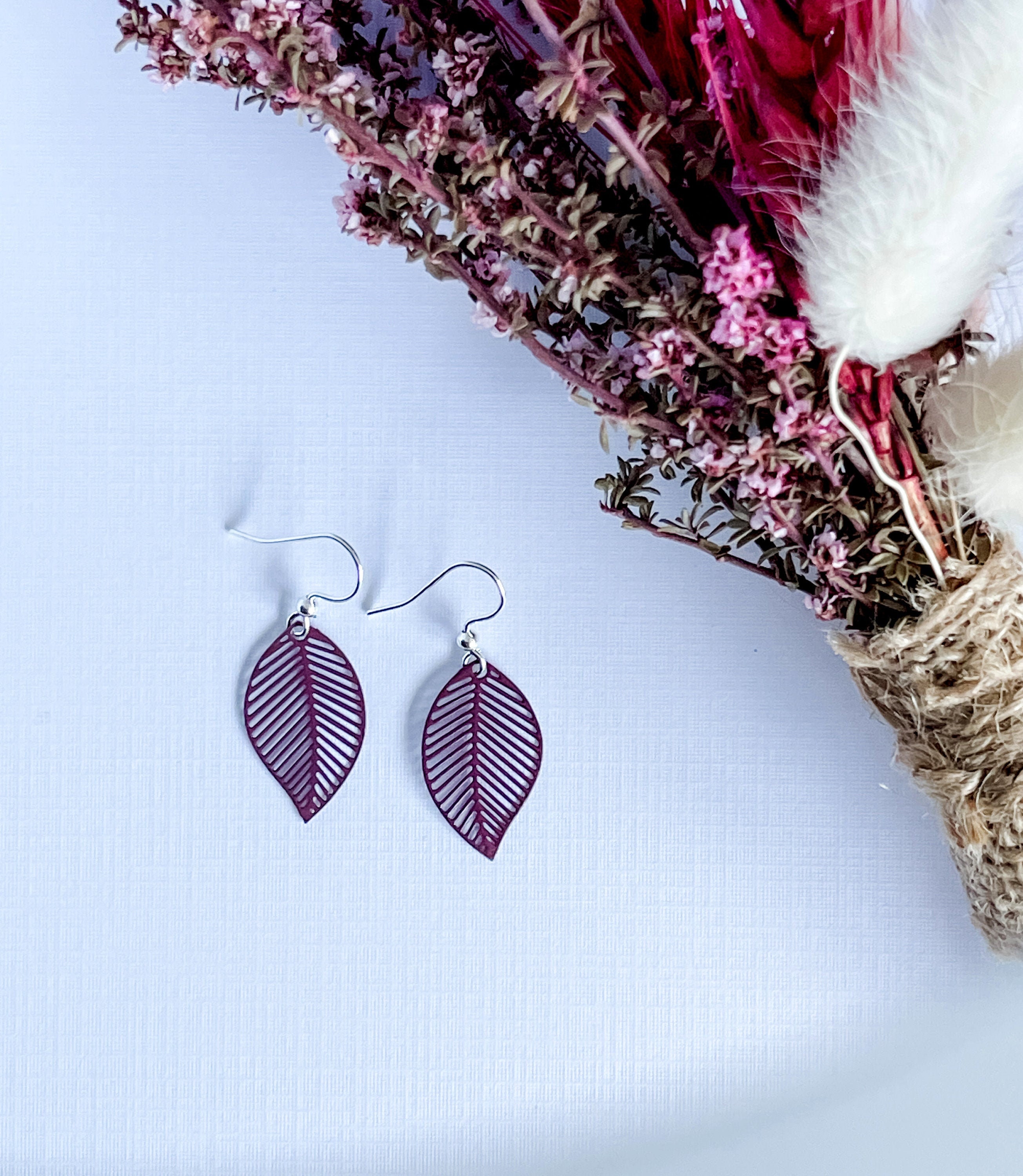 Purple Leaf Shape Earrings Drop Style Earrings Surgical Etsy