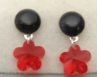 Pendientes negro y flor roja swarovski