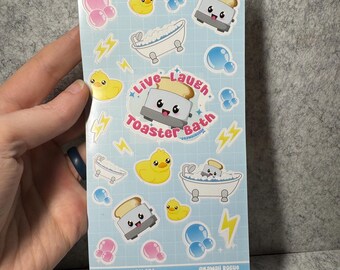 Hoja de pegatinas para tostadora "Vive, ríe, baño" - Lindas pegatinas kawaii para tostadora - Hora del baño - Calcomanía de humor negro - Humor retorcido para enfermos mentales