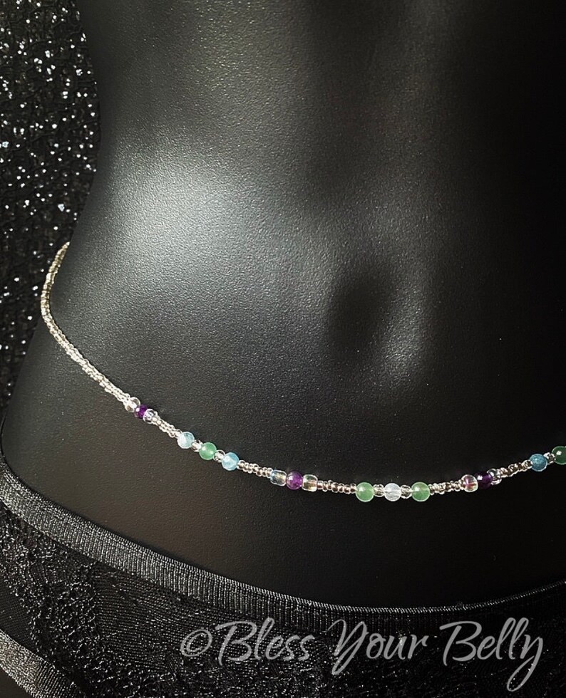 Waist Beads Silver Fertility Moonstone Aquamarine Amethyst Aventurine Wonder Wombman by Bless Your Belly Waist Beads