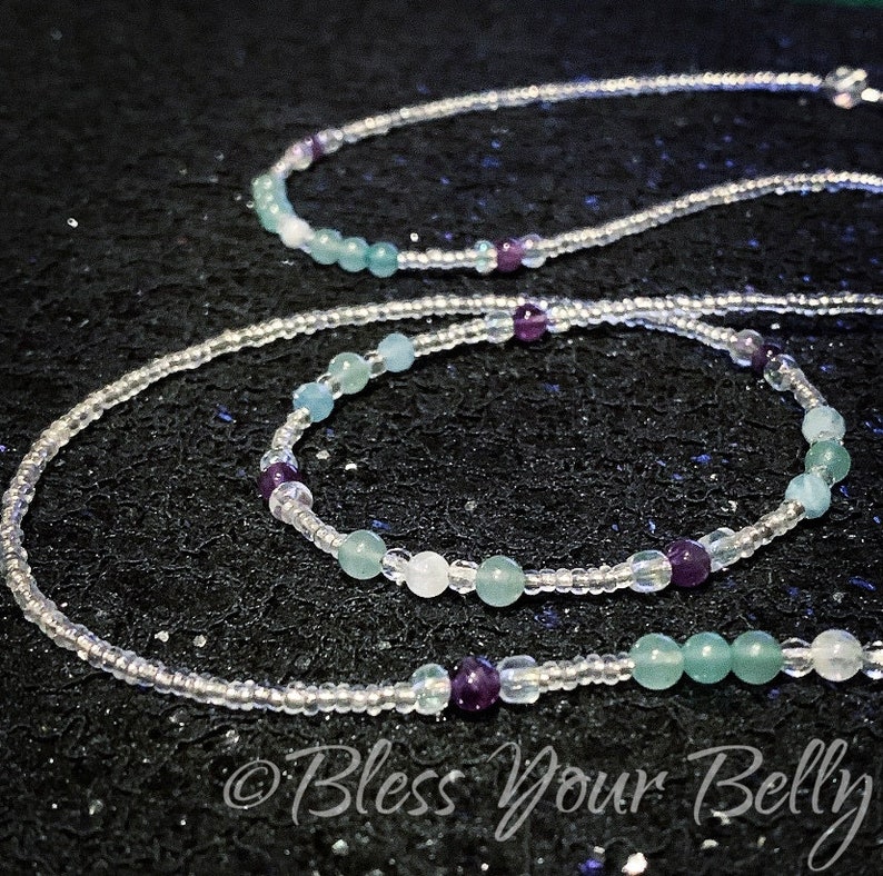 Waist Beads Silver Fertility Moonstone Aquamarine Amethyst Aventurine Wonder Wombman by Bless Your Belly Waist Beads