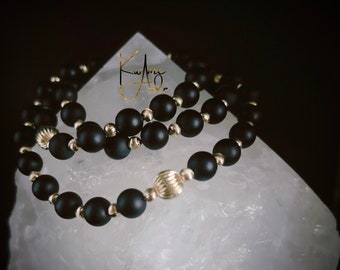 Father's Day Dads 14k Gold Necklace Matte Black Onyx Beaded Mens - by Kwame Ade