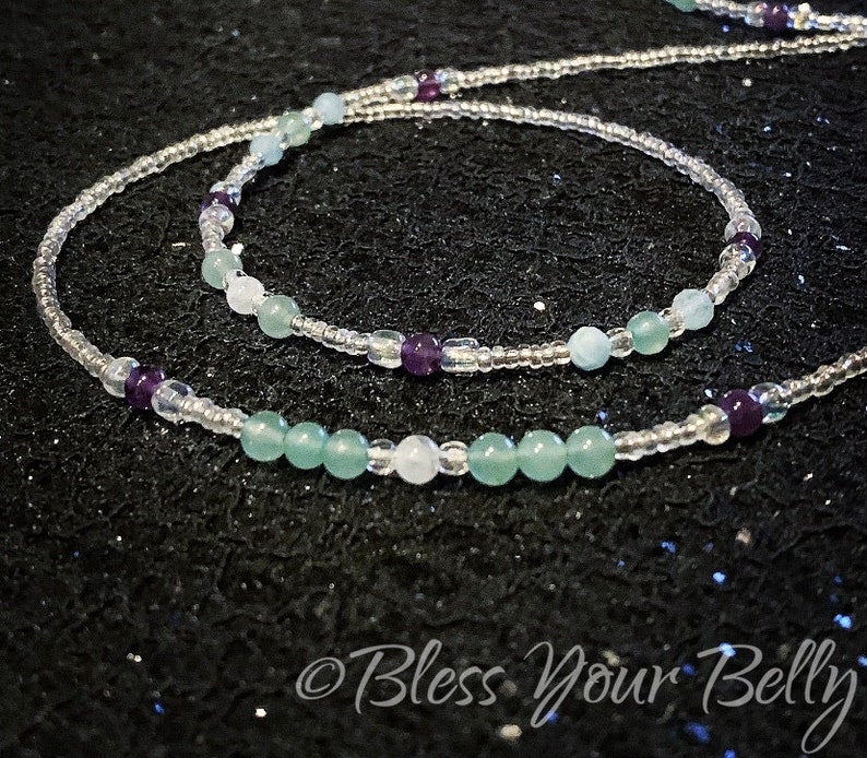 Waist Beads Silver Fertility Moonstone Aquamarine Amethyst Aventurine Wonder Wombman by Bless Your Belly Waist Beads