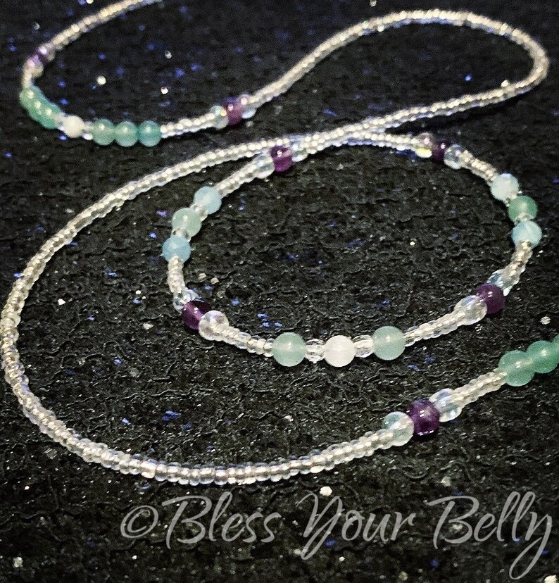 Waist Beads Silver Fertility Moonstone Aquamarine Amethyst Aventurine Wonder Wombman by Bless Your Belly Waist Beads