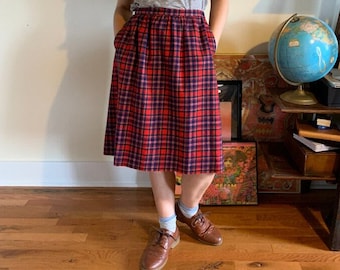 Pendleton Red Plaid Wool Skirt // Pleated Midi Skirt