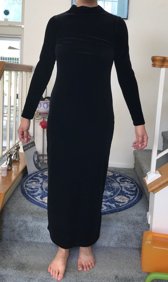 Black Velvet Mock Neck Form Fit Maxi Dress