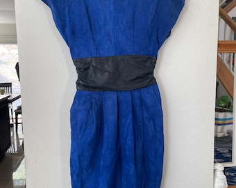 1980s blue suede black waist with shoulder pads dress