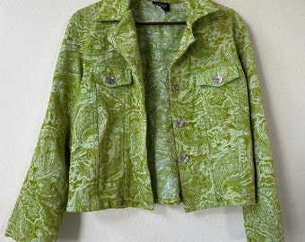 90s meets 60s style kindred spirit paisley lime green button down jacket