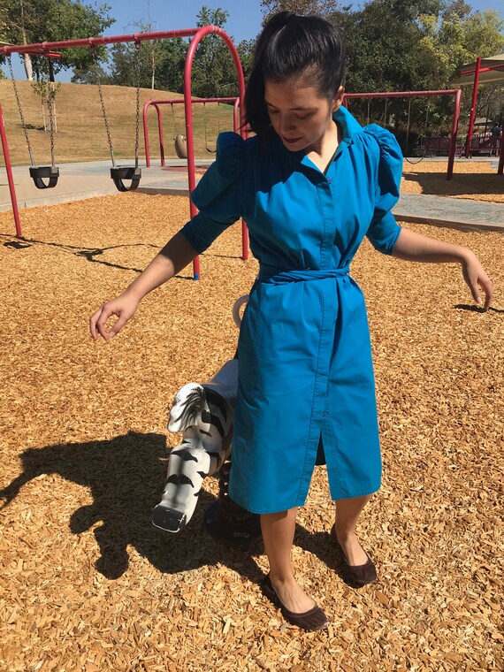 80s blue puffy sleeves party dress