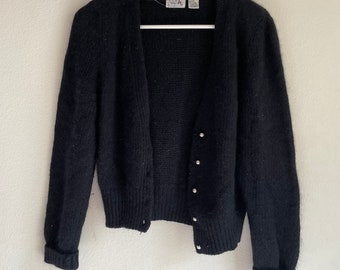 90s silk wool blend pearl-sheen button black cardigan