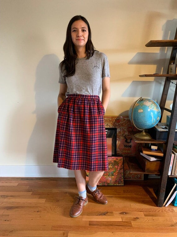 Pendleton Red Plaid Wool Skirt // Pleated Midi Ski