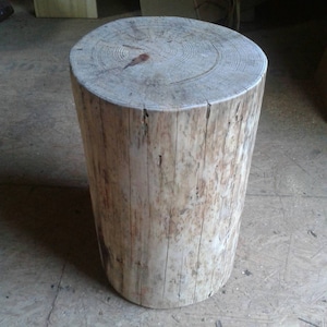 Könnte beinhalten: Ein rustikaler Holzhocker aus einem Baumstamm, mit einer natürlichen Holzoptik und sichtbaren Maserungen.