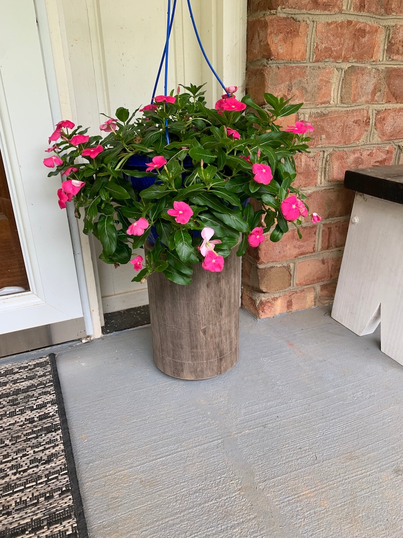 May include: A hanging planter with pink flowers and green leaves. The planter is hanging from a blue rope and is suspended over a wooden log.