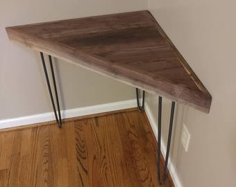 Triangle corner table Black Walnut Wood -  Beeswax coated hairpin legs