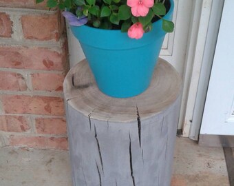 May include: A turquoise flower pot with pink and white flowers sits on a grey wooden stump.