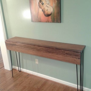Beautiful honey brown poplar console drop down table sofa table with black hairpin legs