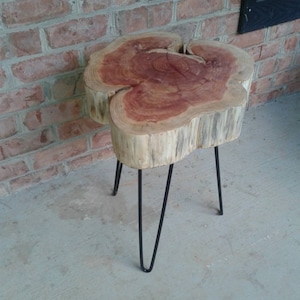 May include: A wooden side table with a unique, natural, tree-trunk shaped top and black hairpin legs.
